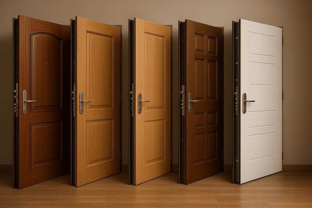 Cinco puertas de madera de diferentes estilos y colores abiertas en una habitación con paredes neutras.